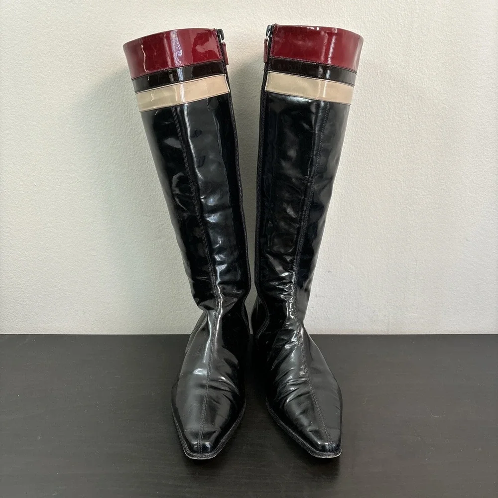 Burberry Red Black Patent Leather Pointed-Toe Knee-High Riding Boots Womens 37.5